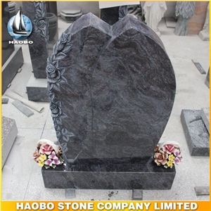 Blue Granite Headstone Customized Upright Monument with Carved Flowers