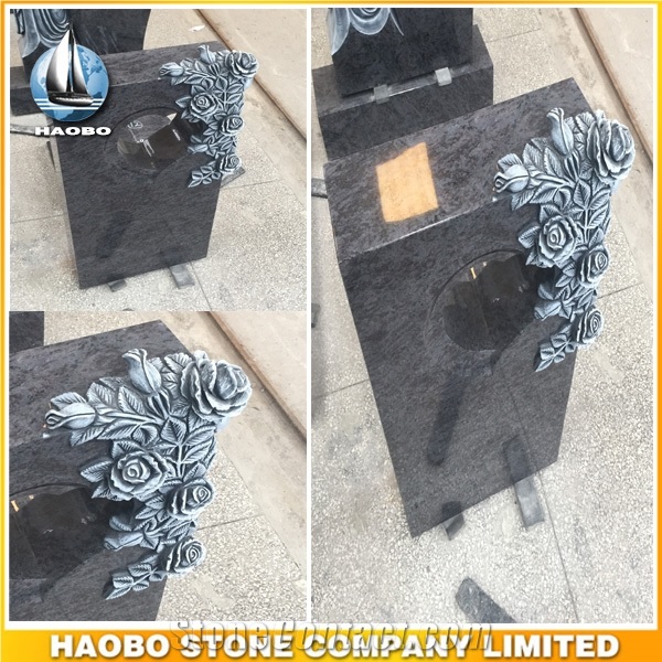 Blue Granite Headstone with Round Carved Flowers Gravestone