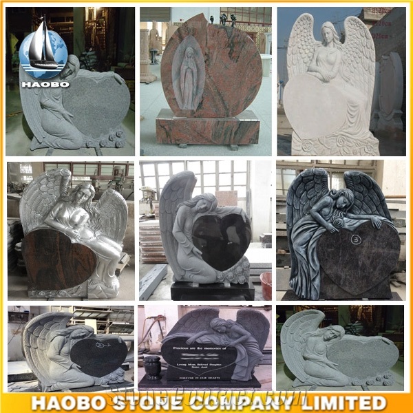 Fully Carved Angel Memorial with Heart in Granite Heart Tombstones