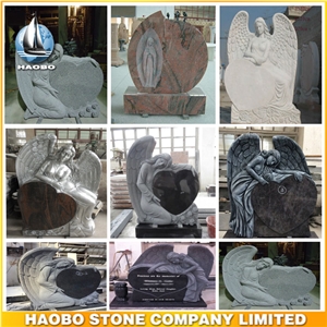 Fully Carved Angel Memorial with Heart in Granite Heart Tombstones