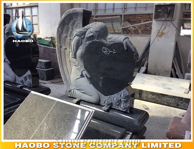 Fully Carved Angel Memorial with Heart in Granite Heart Tombstones