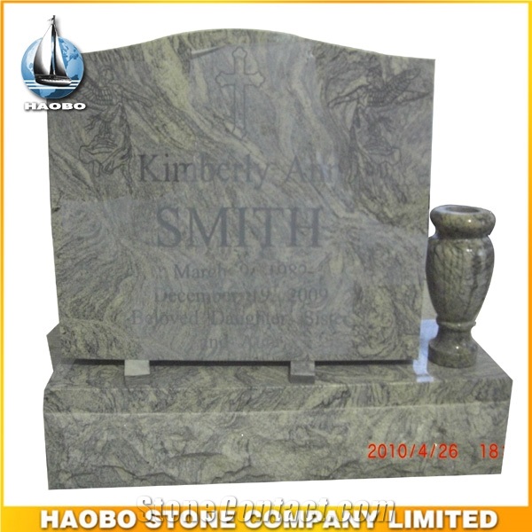 Green Granite Upright Gravestone and Headstone Serp Top with Vase