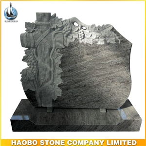 Grey Granite Uprignt Headstone with Grape Vine Relief