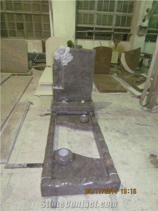 Himalayan Blue Granite Cemetery Tombstone with Sculpture