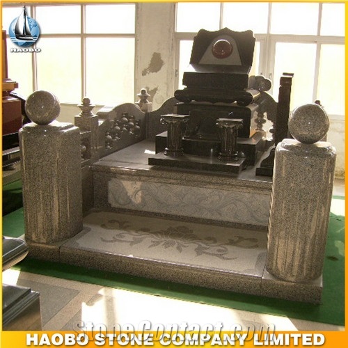 Polished Japanese Tombstone with Cemetery Lantern, Asian Gravestone
