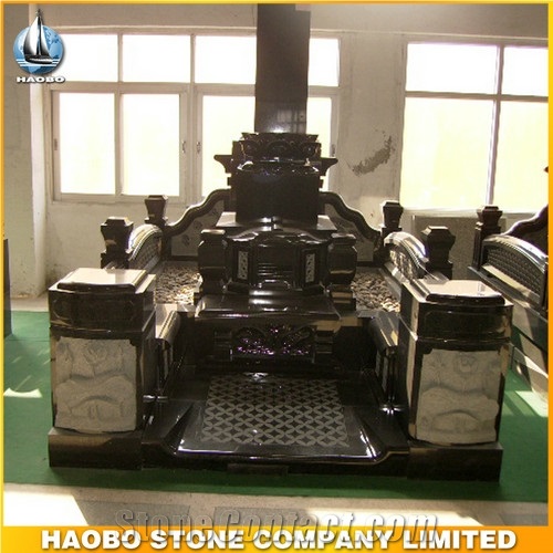 Polished Japanese Tombstone with Cemetery Lantern in Green Granite, Asian Monuments and Gravestone