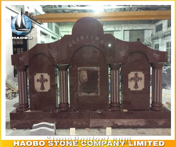 Polished Red Granite 3 Tablet Wing Monument Family Memorial