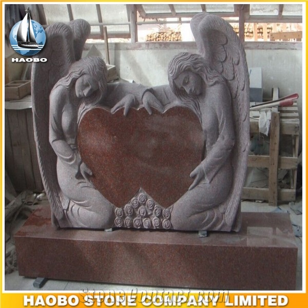 Polished Red Granite Angel and Heart Design Headstone Hand Carved Double