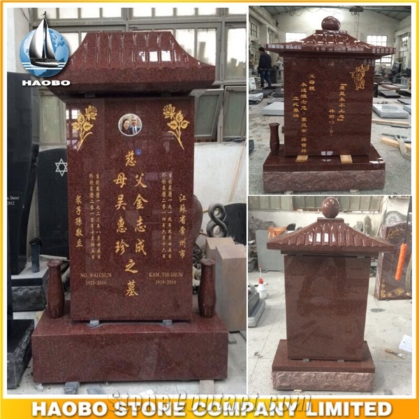 Red Granite Chinese Monument Polished Asian Style Headstone for Sale