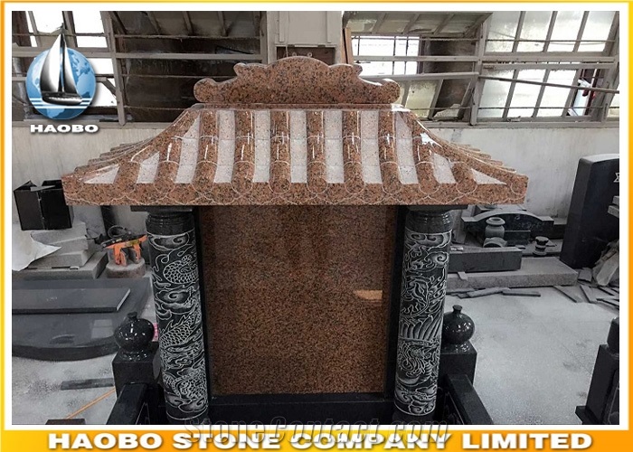 Red Granite Chinese Monument with Line Engraving