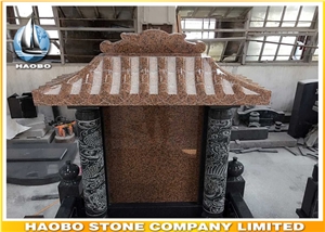 Red Granite Chinese Monument with Line Engraving