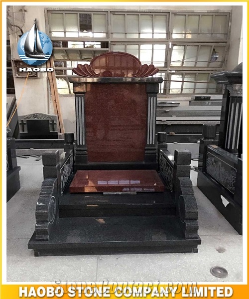 Red Granite Chinese Monument with Line Engraving
