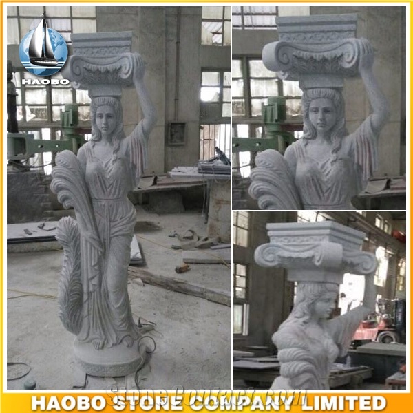 Roman Columns, Gray Granite Roman Greek Column with Sculptures