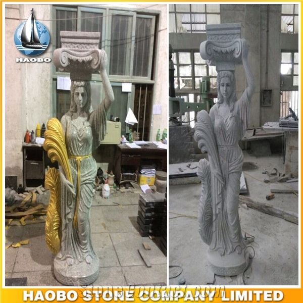 Roman Columns, Gray Granite Roman Greek Column with Sculptures