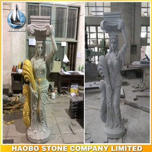 Roman Columns, Gray Granite Roman Greek Column with Sculptures