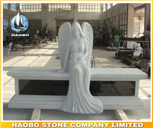 White Granite Memorial with Hand Carved Angel and Bench White Granite Memorial with Hand Carved Angel and Bench