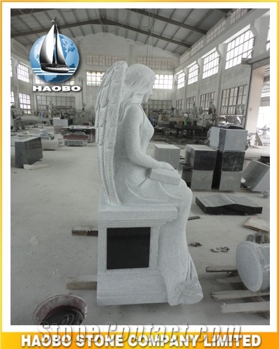 White Granite Memorial with Hand Carved Angel and Bench