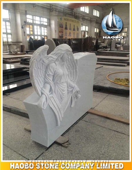 White Marble Headstone and Monument with Full Carved Angel