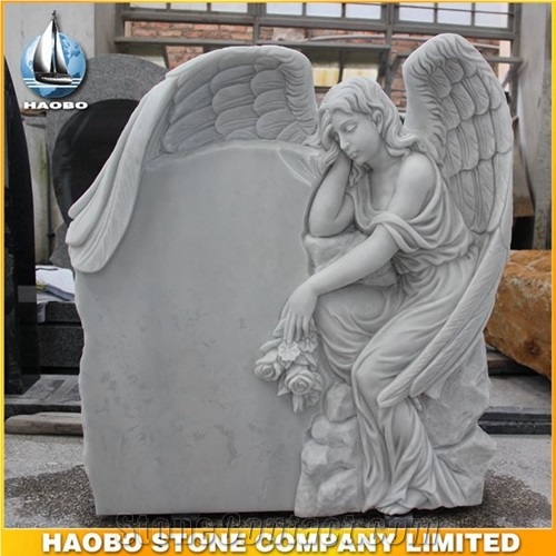 White Marble Headstone and Monument with Full Carved Angel