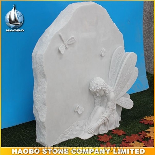 White Marble Headstone and Monument with Full Carved Angel