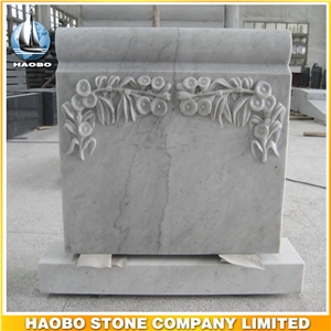 White Marble Upright Monument with Carved Flowers Scroll Types Headstones