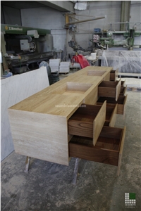 Bathroom Piece Of Furniture Panelled with Classic Travertine with Drawers That Can Be Opened