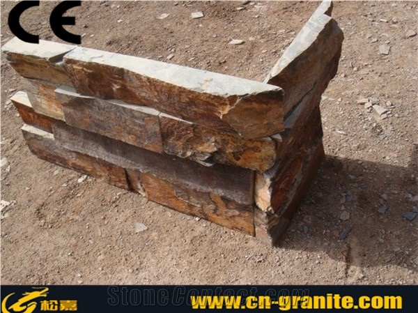 China Rustic Cultured Stone Corner,China Ledge Stone,Stone Wall Decor,Stacked Stone Veneer,Exposed Wall Stone Corner,Cheap Price&Good Quality Cultural Slate Stone Corner,Yellow&Rusty Cover Stone