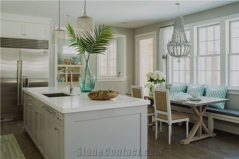 Man-Made White Quartz Stone Island Top with Iso/Nsf Certificate,More Durable Than Granite,No Radiation,Environmentally-Friendly,A Great Fit for Multifamily/Hospitality Projects