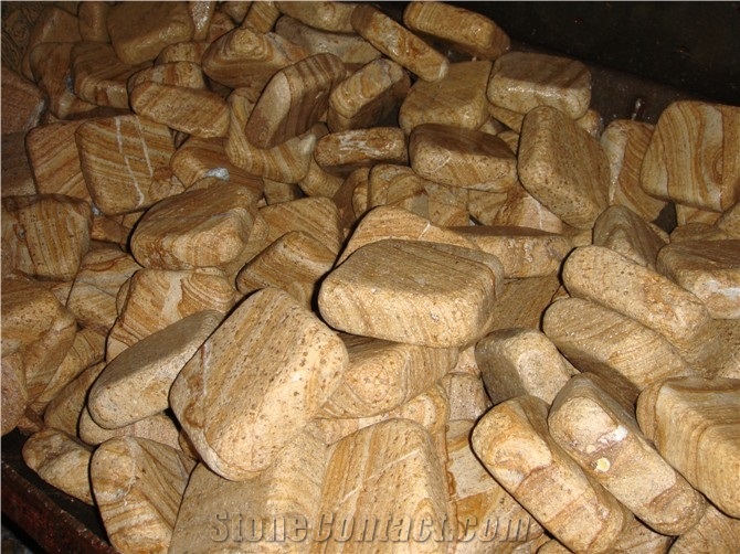 Wood Vein Yellow Sandstone Antique Tumbled Finish Paving Cobble Stone Bricks