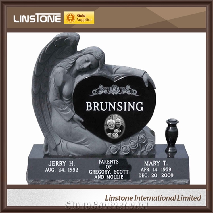 Cheap Price Black White Double Angel Heart Shaped Headstone Monument Tombstone Of Foshan Xiamen
