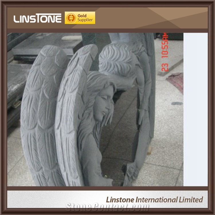 Factry Price Shanxi Balck Grey Granite Double Angel with Double Heart Monument for Memorial Garden
