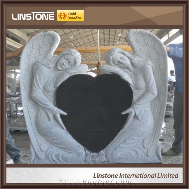 Factry Price Shanxi Balck Grey Granite Double Angel with Double Heart Monument for Memorial Garden
