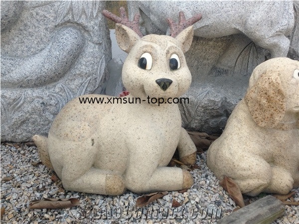G682 Granite Stone Sculpture, Sunset Yellow Deer Stone Statues, Golden Granite Handcarved Sculpture, Golden Crystal Landscape Sculptures, Stone Carving