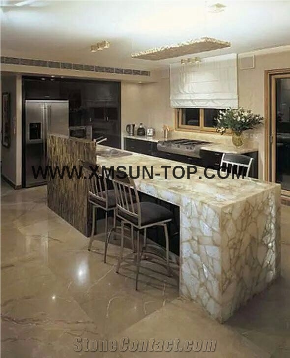 White Semiprecious Stone Kitchen Top/Semi Precious Stone Kitchen Worktops/Stone Kitchen Bar Tops/Custom Countertops/Kitchen Desk Tops/Engineered Stone Kitchen Countertops