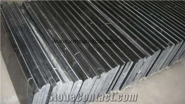 White Veins Black Marble Staircase, China Nero Maquina, Half Bullnose Edge Steps&Stairs, Polished Black Marble Staircase & Stair Riser, Black Maquina Stair Treads