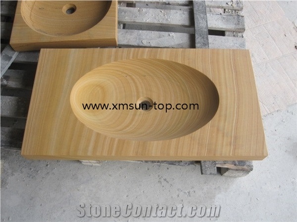 Yellow Wooden Veins Marble Basins& Sinks, Natural Stone Basin, Kitchen & Bathroom Sinks, Sunset Yellow Wooden Wash Bowls, Vessel Sinks, Yellow Wood Wave Marble