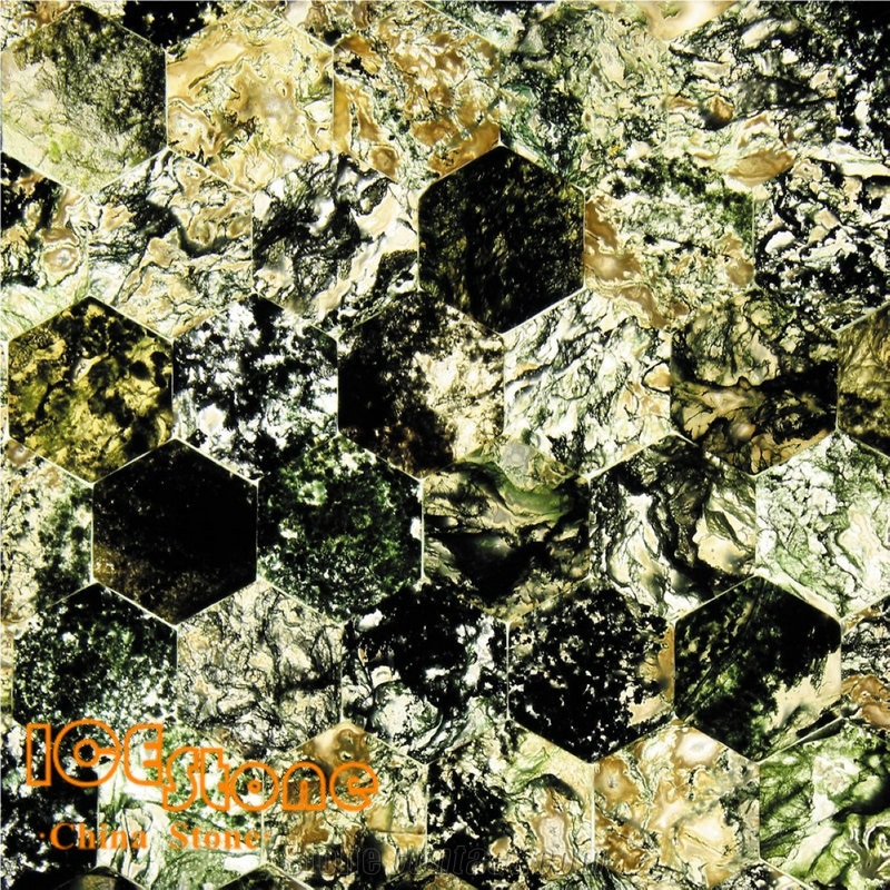 Green and Yellow/Water Grass/Hexagon/Semi Precious Stone Panel/Semiprecious Slabs/Tiles/Wall/Backlit/Backflash