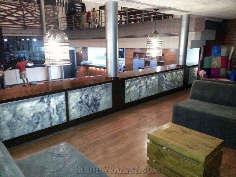 Milano Ice Blue Crystal Onyx/Black Vein/Light Transfer/Backlit/Bookmatch Stone Slabs/Tiles/Cut to Size/Project/Wall Cladding/Background/Grey Color