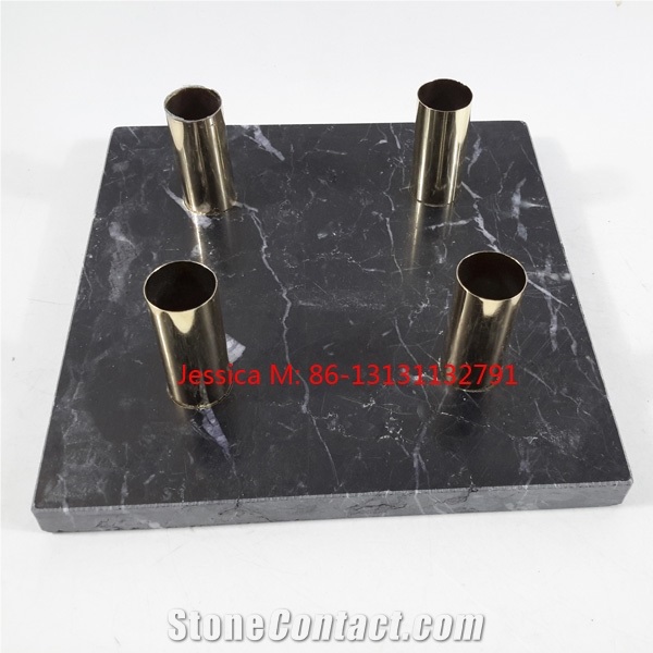 Black White Strips Candle Holder with Golden Pipes