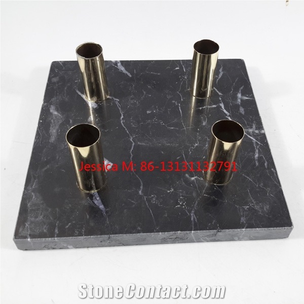 Black White Strips Candle Holder with Golden Pipes
