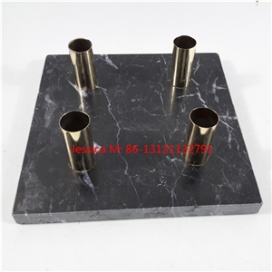 Black White Strips Candle Holder with Golden Pipes