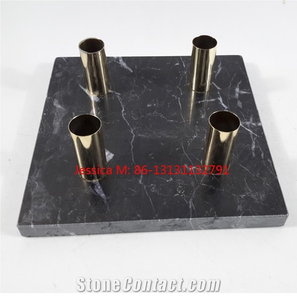Black White Strips Candle Holder with Golden Pipes