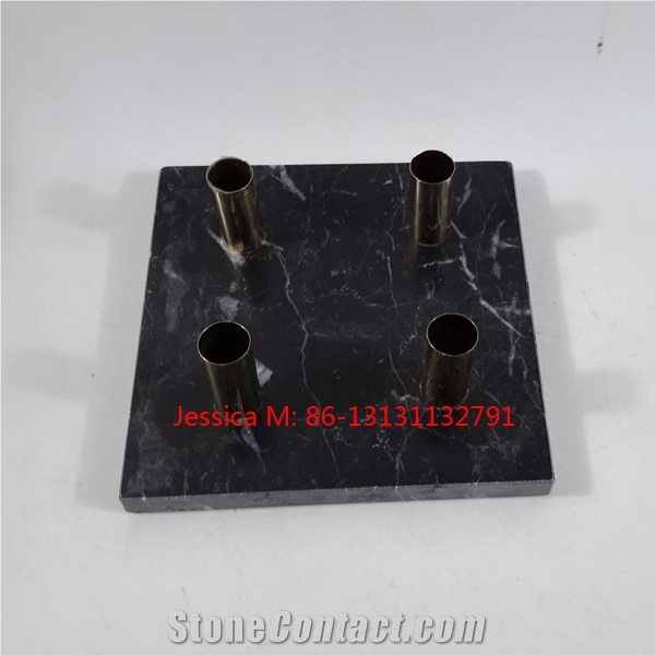Black White Strips Candle Holder with Golden Pipes