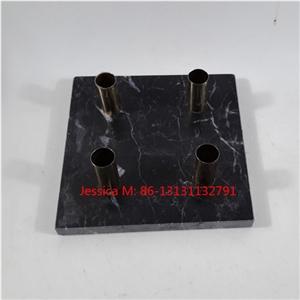 Black White Strips Candle Holder with Golden Pipes