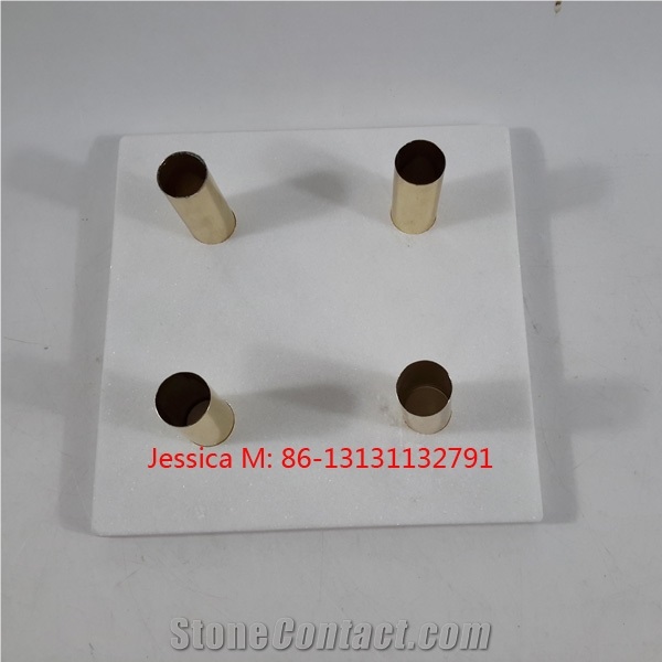 Pure White Marble Candlestick Holder with Golden Pipes