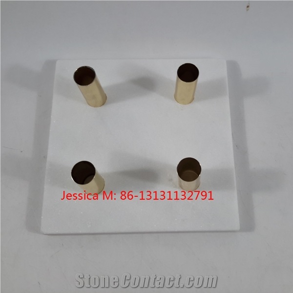 Pure White Marble Candlestick Holder with Golden Pipes