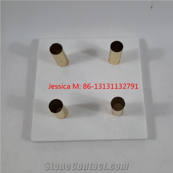 Pure White Marble Candlestick Holder with Golden Pipes