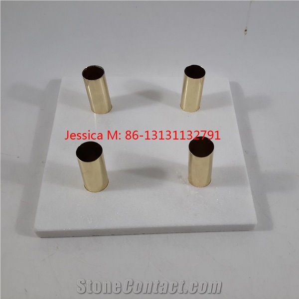Pure White Marble Candlestick Holder with Golden Pipes