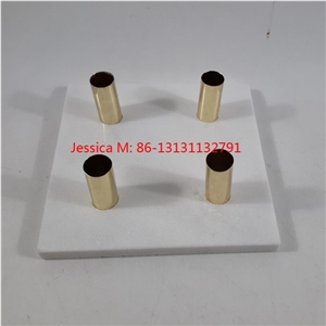 Pure White Marble Candlestick Holder with Golden Pipes