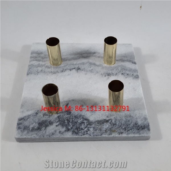 Square Grey Marble Candlestick Holder with Golden Pipes
